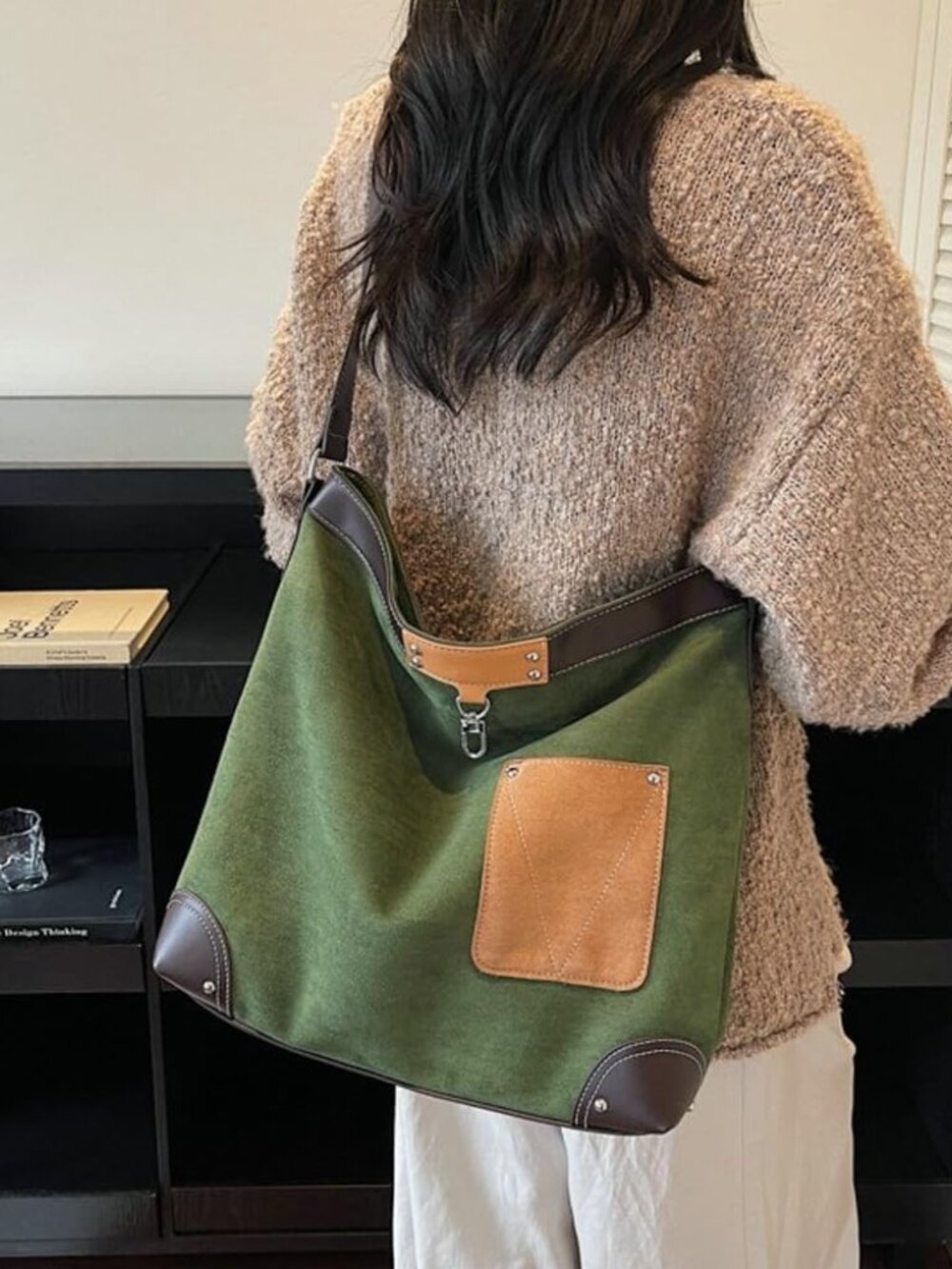 Green Canvas Shoulder Bag with Brown Leather Accents - Picture 3 of 7